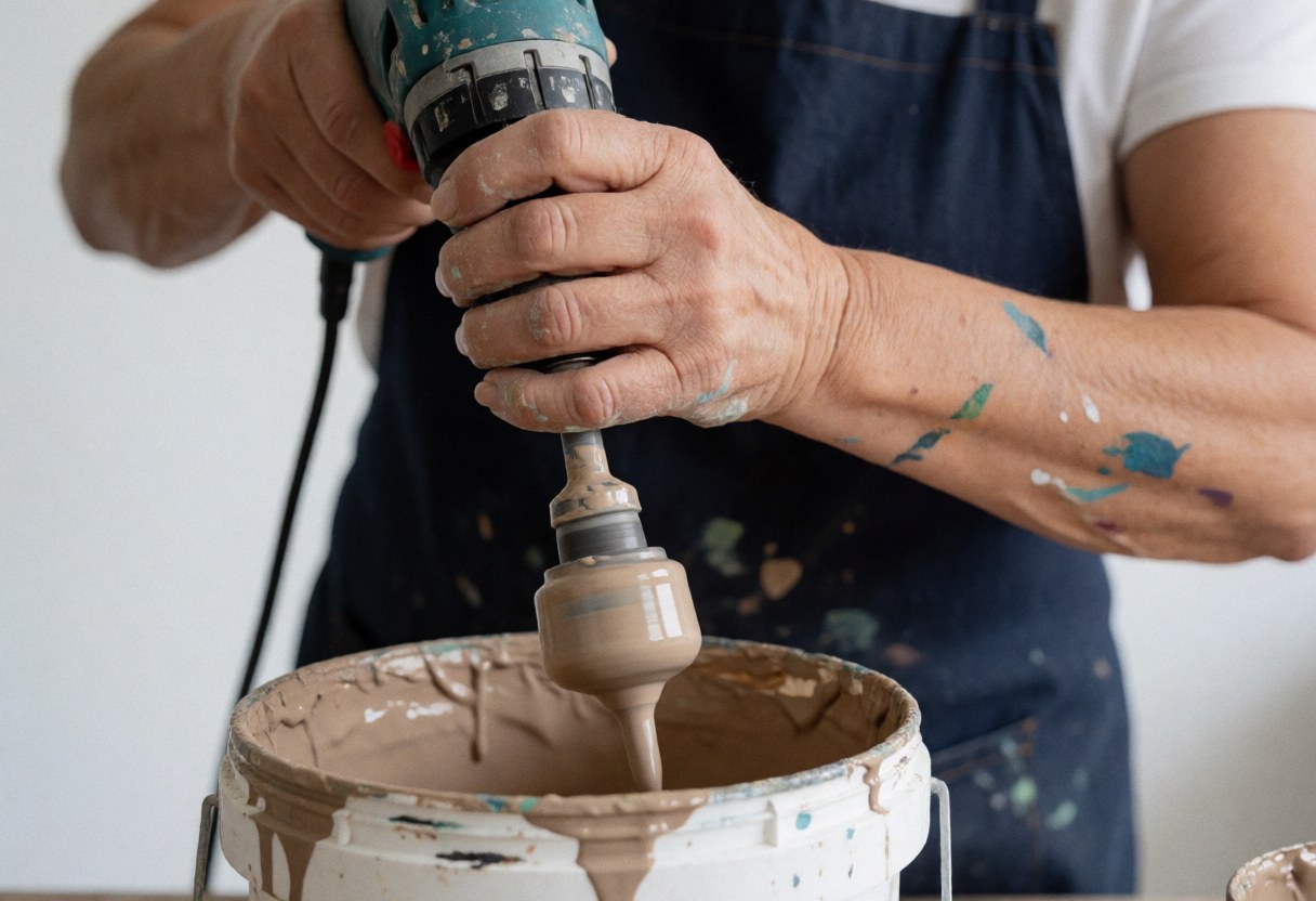 Une main utilise un malaxeur électrique pour mélanger de la peinture épaisse dans un seau, illustrant un service de peinture en cours.
