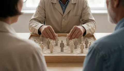 Un psychologue utilise des figurines en bois dans un bac de sable pendant une séance de thérapie, tandis que deux patients observent la scène depuis l'arrière-plan.