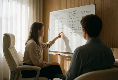 Une psychologue explique des concepts à un client assis dans un bureau lumineux aux murs en bois clair, baigné de lumière naturelle.