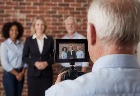 Un photographe professionnel prend des photos d'un groupe devant un mur de briques dans un studio.