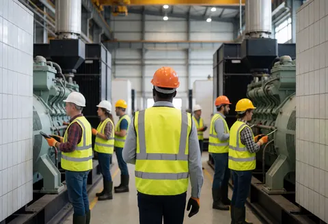Un technicien en gilet de sécurité et casque inspecte des générateurs industriels dans une usine aux murs carrelés blancs.