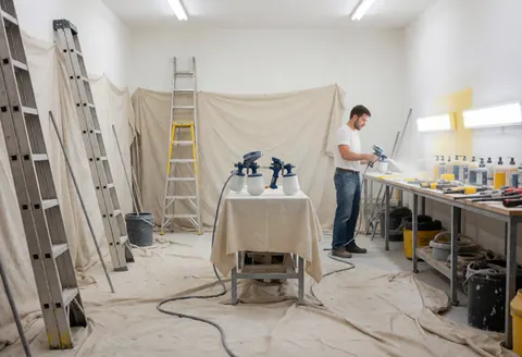 Un homme utilise un pistolet à peinture dans un atelier avec des échelles, des bâches de protection et de la peinture en aérosol sur une table.