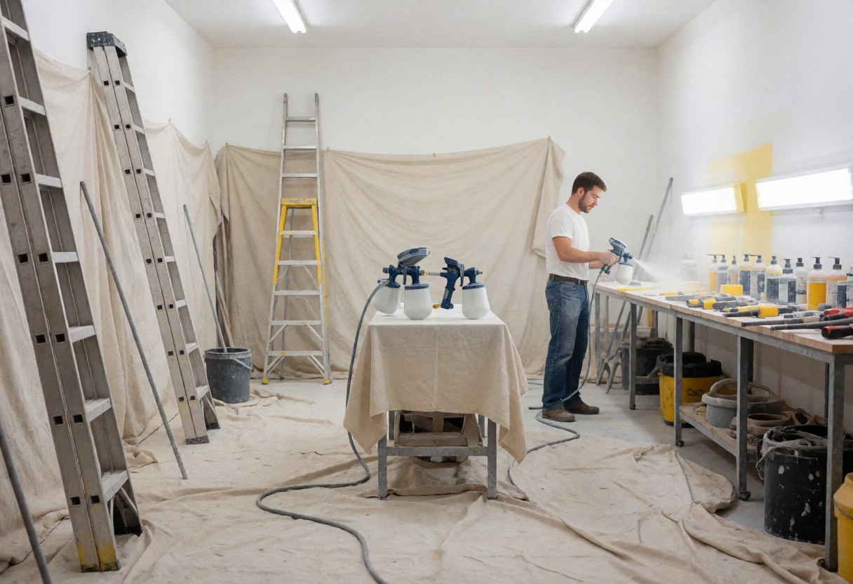 Un homme utilise un pistolet à peinture dans un atelier avec des échelles, des bâches de protection et de la peinture en aérosol sur une table.