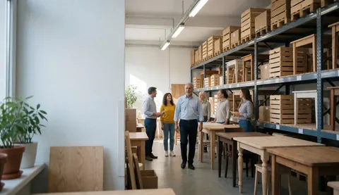 Entrepôt de mobilier comportant des étagères métalliques, des tables en bois et des personnes discutant dans un environnement industriel bien éclairé.