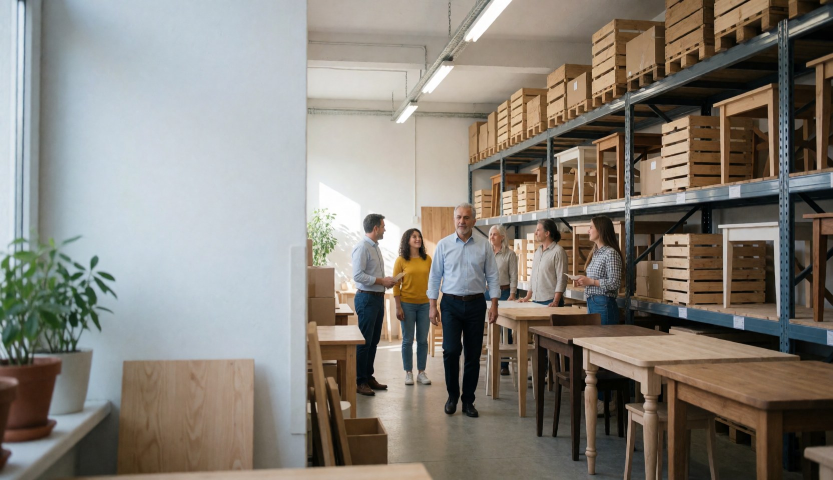 Entrepôt de mobilier comportant des étagères métalliques, des tables en bois et des personnes discutant dans un environnement industriel bien éclairé.