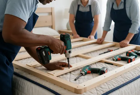Trois personnes en tabassemblent un lit en bois sur une couette dans une pièce lumineuse à l'aide de tournevis sans fil.