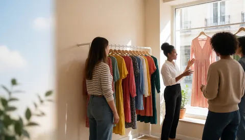 Une vendeuse montre une robe rose à des clients dans un magasin de vêtements avec des murs beige et des vêtements suspendus près d'une fenêtre.