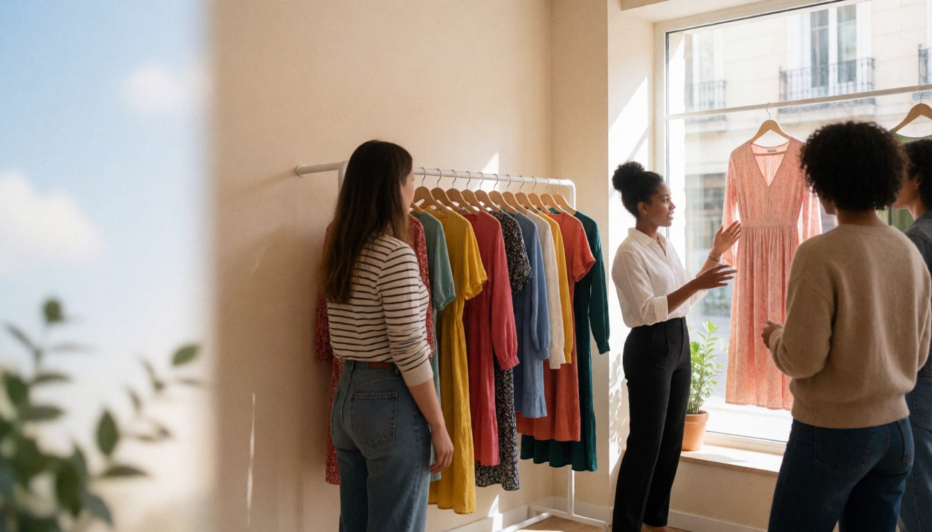 Une vendeuse montre une robe rose à des clients dans un magasin de vêtements avec des murs beige et des vêtements suspendus près d'une fenêtre.
