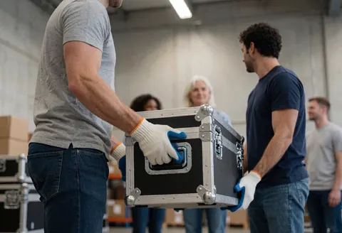 Un technicien portant des gants soulève une caisse de transport audio dans un entrepôt industriel, avec d'autres travailleurs en arrière-plan.