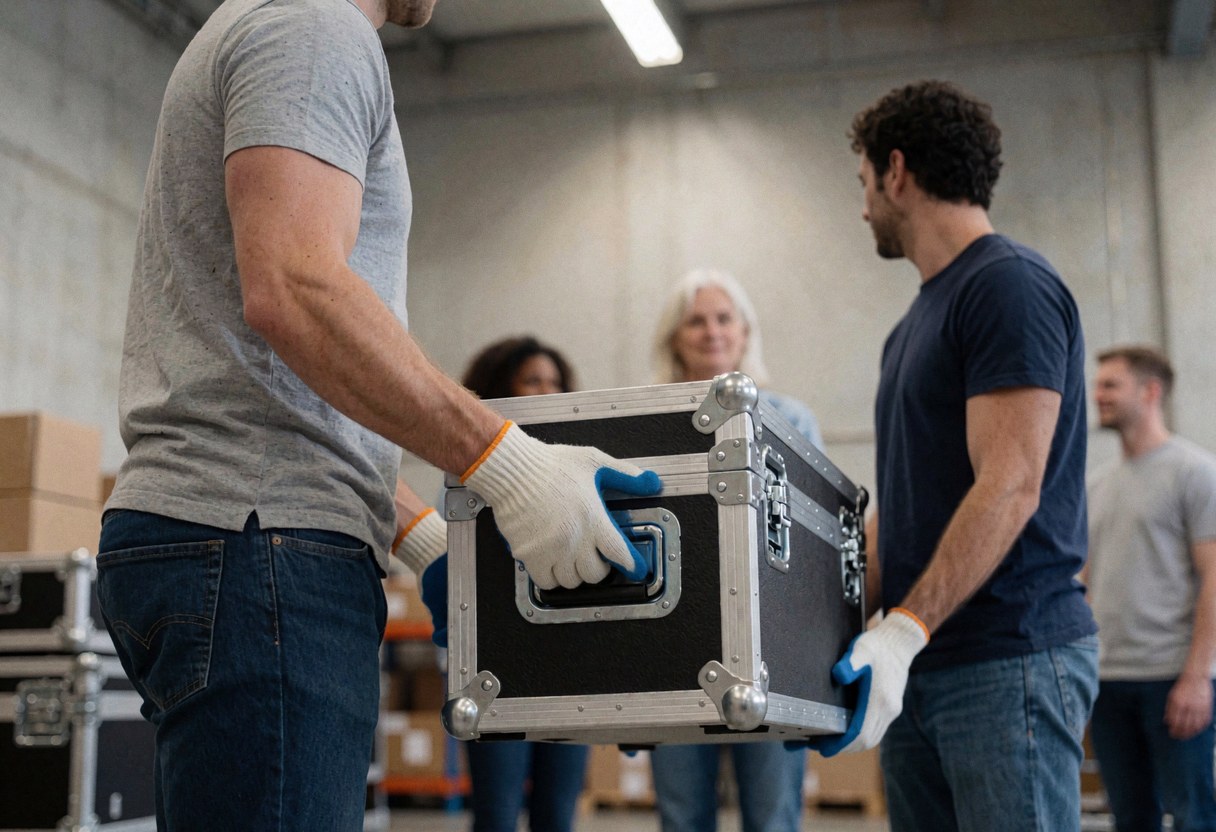 Un technicien portant des gants soulève une caisse de transport audio dans un entrepôt industriel, avec d'autres travailleurs en arrière-plan.