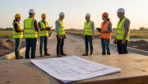 Groupe de travailleurs sur un chantier de construction, portant des casques et des gilets de sécurité, examinant ensemble les plans du projet en cours.