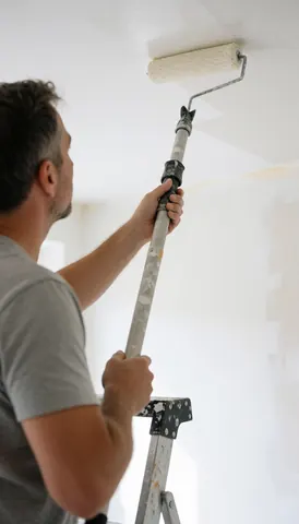 Peintre professionnel utilisant un rouleau pour peindre un plafond blanc avec une échelle, murs blancs et lumière naturelle, service de peinture en action.