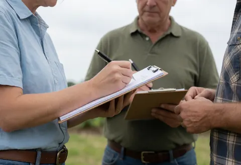 Une femme prend des notes sur un classeur pendant que deux hommes observent dans un champ ouvert, illustrant une scène de planification agricole.