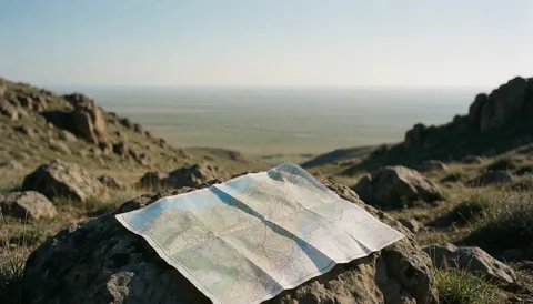 Une carte topographique déployée sur une pierre au milieu d'un paysage rural avec une vallée et un ciel clair, évoquant le travail de terrain.