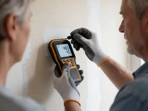 Technicien ganté mesure l'humidité d'un mur peint avec un appareil numérique pendant une inspection sur chantier.