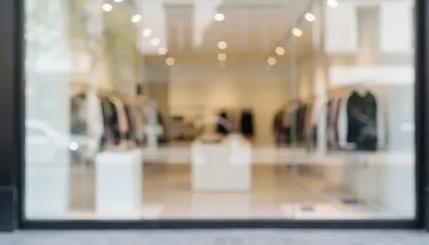 Fond de magasin de vêtements avec vitrine floue montrant des cintres et des meubles blancs, idéal pour textes commerciaux.