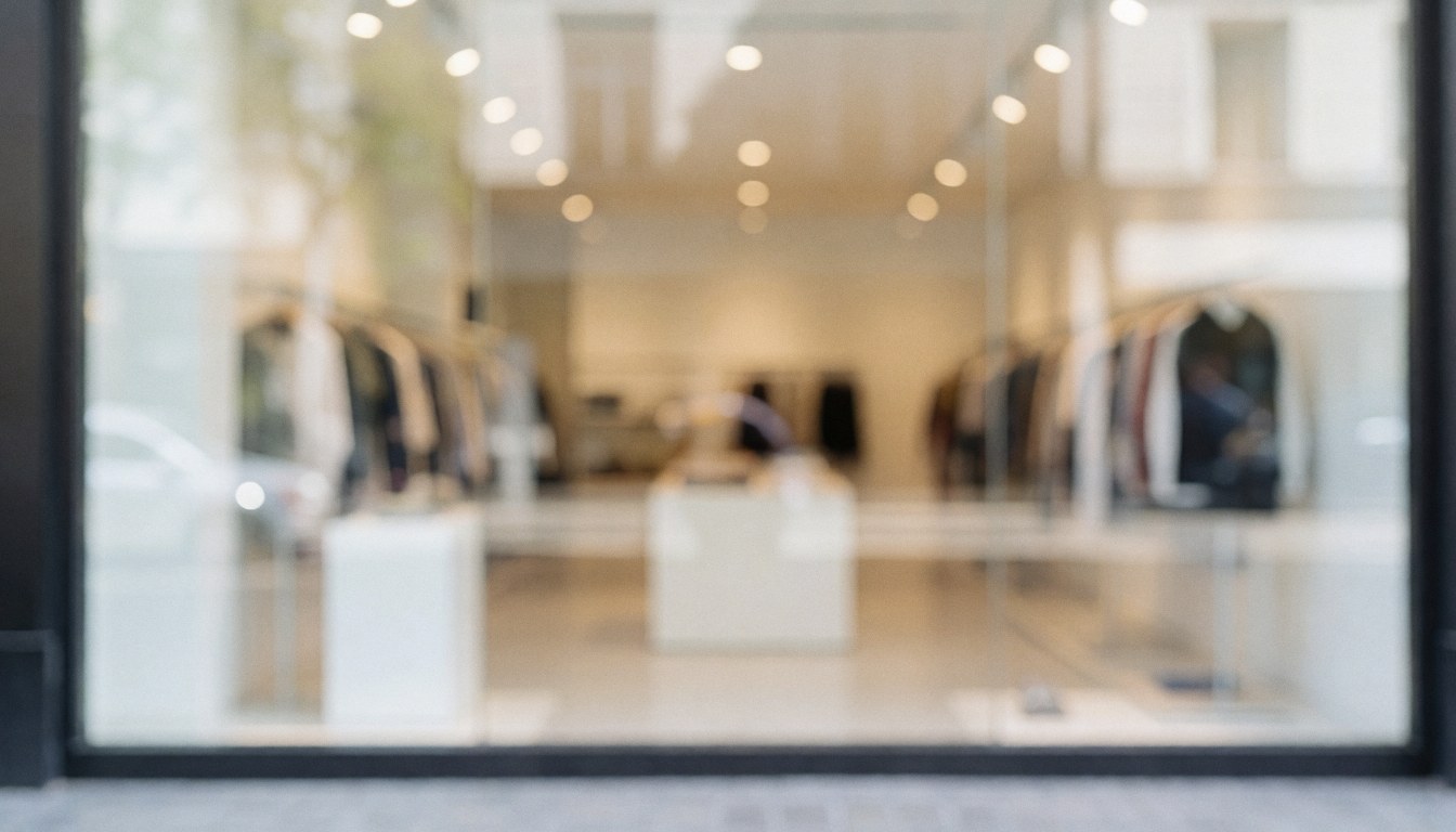 Fond de magasin de vêtements avec vitrine floue montrant des cintres et des meubles blancs, idéal pour textes commerciaux.