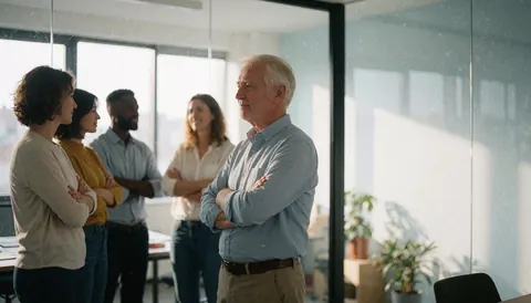 Groupe de collegues professionnels les bras croises dans un bureau moderne baigne de lumiere naturelle, avec des plantes et des fenetres.