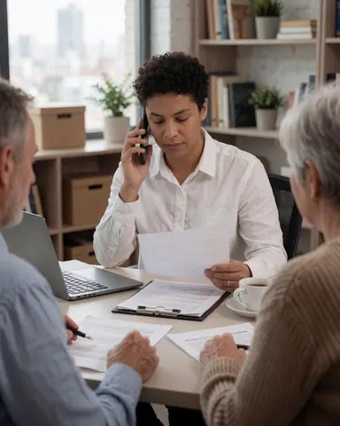 Une femme d'affaires parle au téléphone tout en consultant des papiers lors d'une réunion avec deux clients.