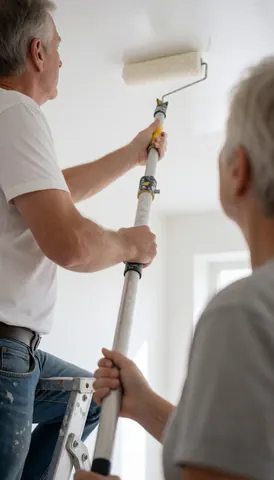 Un peintre professionnel utilise un rouleau monté sur une perche étendue pour appliquer de la peinture blanche sur un plafond, assisté par une autre personne dans une pièce éclairée par la lumière naturelle.
