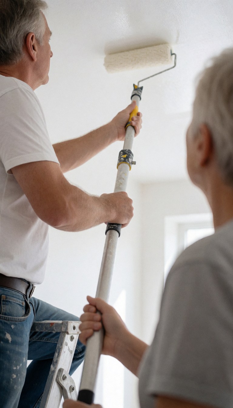 Un peintre professionnel utilise un rouleau monté sur une perche étendue pour appliquer de la peinture blanche sur un plafond, assisté par une autre personne dans une pièce éclairée par la lumière naturelle.