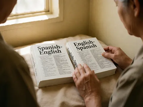 Deux dictionnaires espagnol-anglais posés sur une toile beige, mains tournant les pages, éclairage naturel de fenêtre dans un bureau.