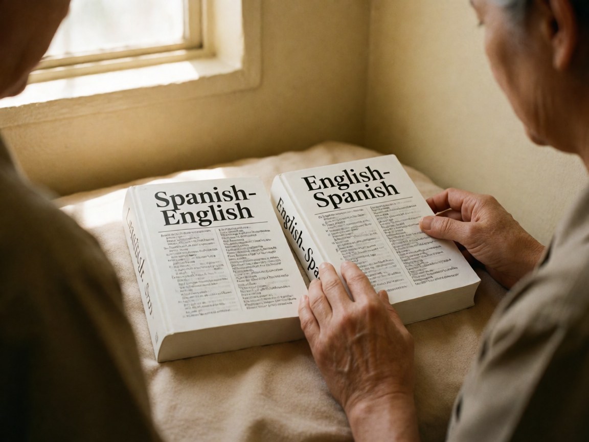 Deux dictionnaires espagnol-anglais posés sur une toile beige, mains tournant les pages, éclairage naturel de fenêtre dans un bureau.