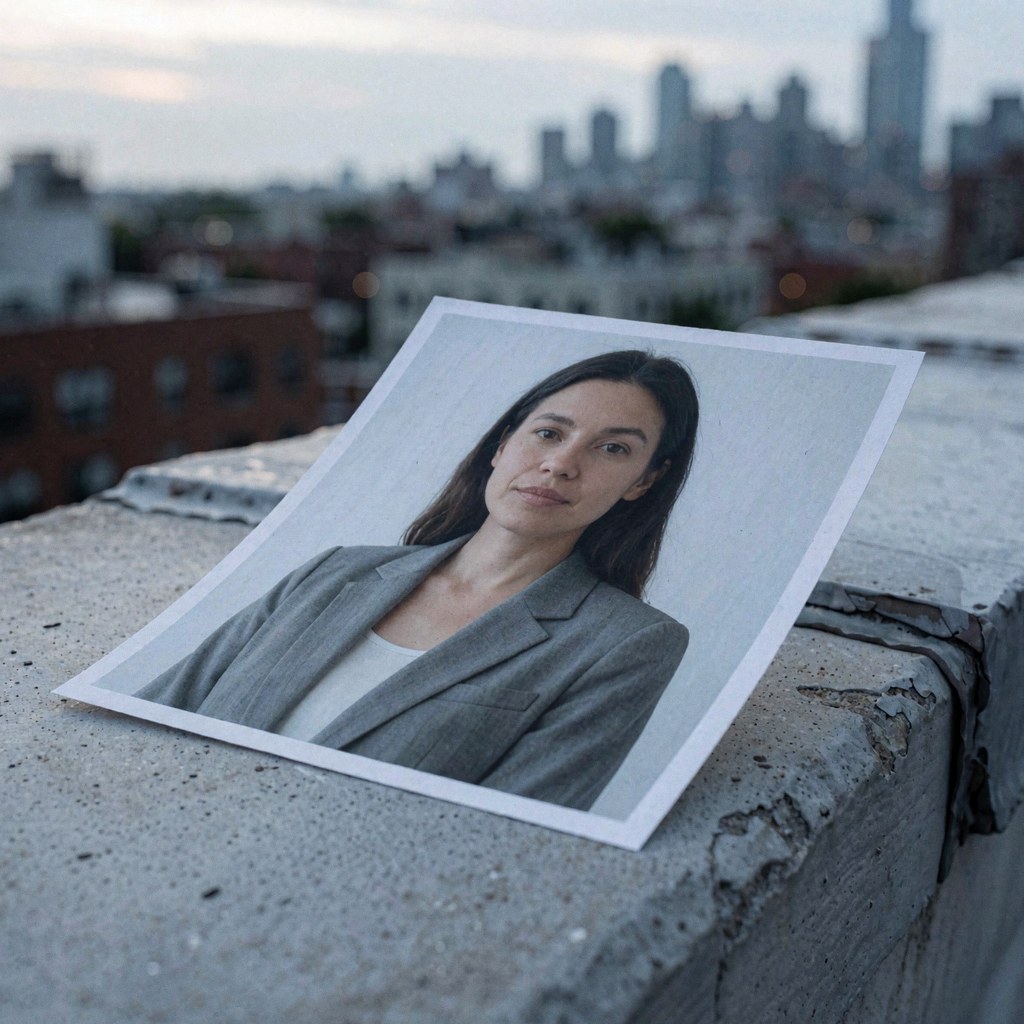 Portrait d'une femme professionnelle portant un blazer gris, debout sur un rebord en béton avec une vue urbaine au coucher du soleil.