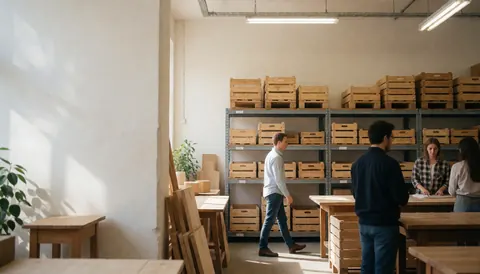 Atelier de menuiserie avec des étagères remplies de boîtes en bois, des tables finies et des personnes travaillant dans un environnement professionnel et bien éclairé.