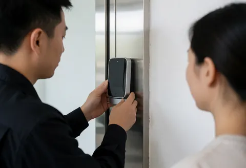 Un technicien de sécurité fixe un lecteur d'empreintes digitales sur une porte en acier inoxydable pendant qu'un client observe l'installation.