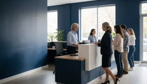 Des clients attendent devant un comptoir moderne avec des murs bleus dans un bureau bien éclairé.