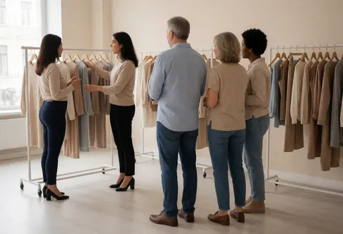 Un styliste accompagne et conseille des clients au sein d'un magasin de mode éclairé par la lumière naturelle.