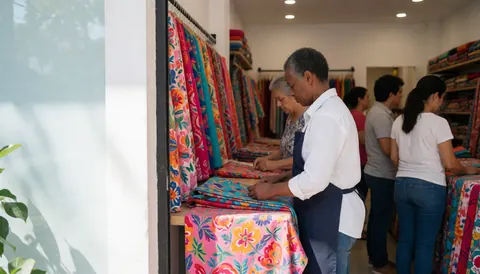 Une cliente observe des tissus colorés dans un magasin de vêtements, avec des étagères remplies et de la lumière naturelle entrant par la fenêtre.