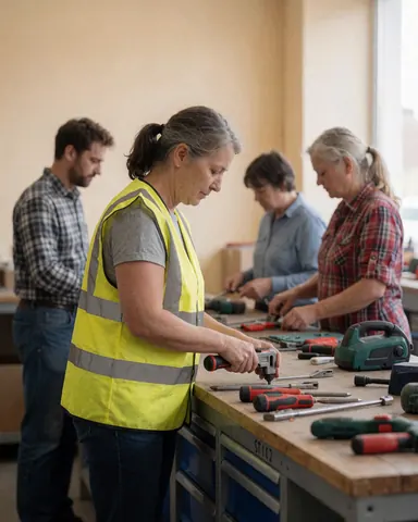 Quatre travailleurs organisent des outils électriques sur une table dans un atelier aux murs beiges.