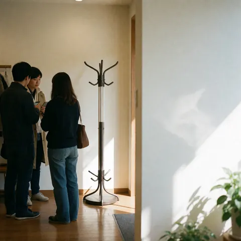 Portemanteau métallique placé devant une boutique de mobilier avec sol en bois et murs blancs chaudres baignés de lumière naturelle.