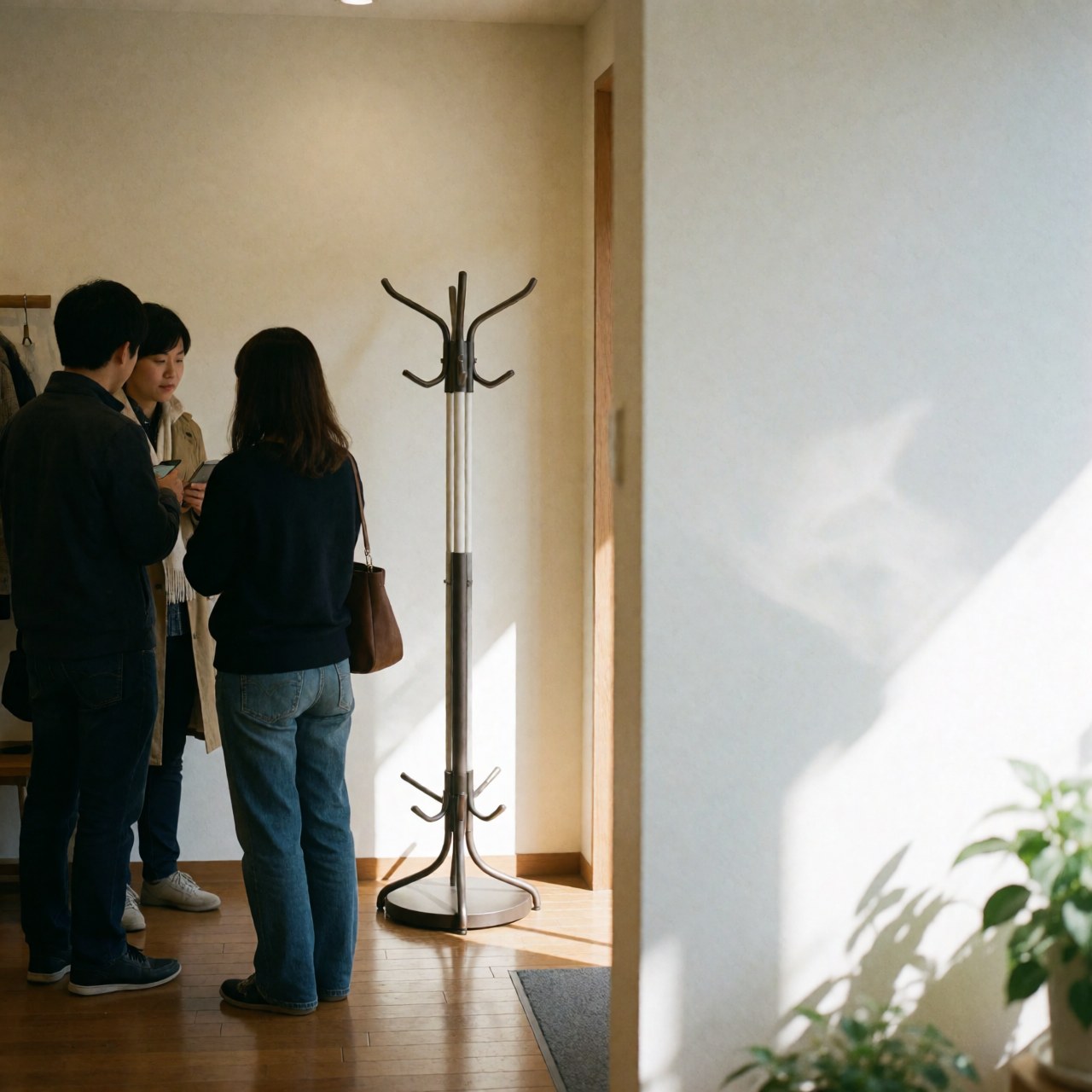 Portemanteau métallique placé devant une boutique de mobilier avec sol en bois et murs blancs chaudres baignés de lumière naturelle.