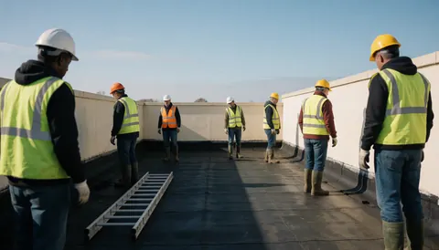 Groupe de travailleurs sur un toit portant des casques et des gilets, inspectant une bâche en asphalte sous un ciel bleu clair.