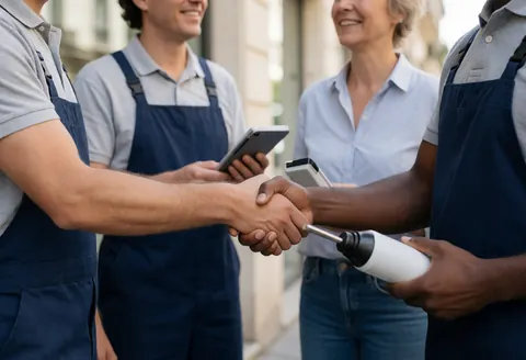 Deux techniciens en combinaison serrent la main d'un client souriant dans la rue, l'un tenant un outil blanc sur fond urbain.