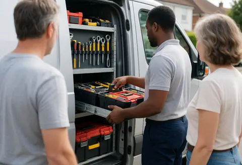 Un technicien prend ses outils dans sa fourgonnette pendant qu'un client observe la scène sur un trottoir résidentiel en plein jour.