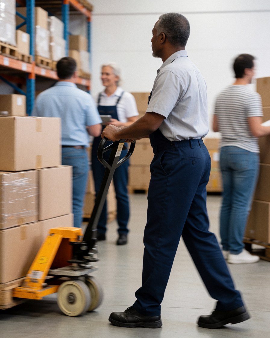 Un employé pousse une charrette chargée de cartons au sein d'un entrepôt, avec des étagères et d'autres travailleurs en arrière-plan.