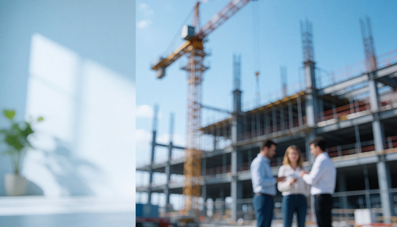 Vue d'un chantier de construction avec une grue jaune et une structure en acier, trois personnes discutant sur fond industriel