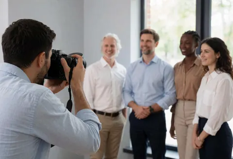 Un photographe professionnel capture un groupe de cinq personnes dans un bureau moderne aux murs gris et à la lumière naturelle.