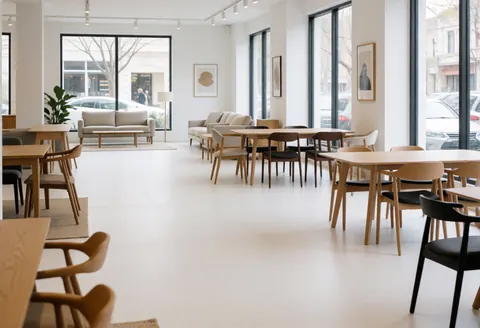 Intérieur d'un salon contemporain meublé de bois clair, sol blanc lumineux et baies vitrées offrant une vue dégagée.
