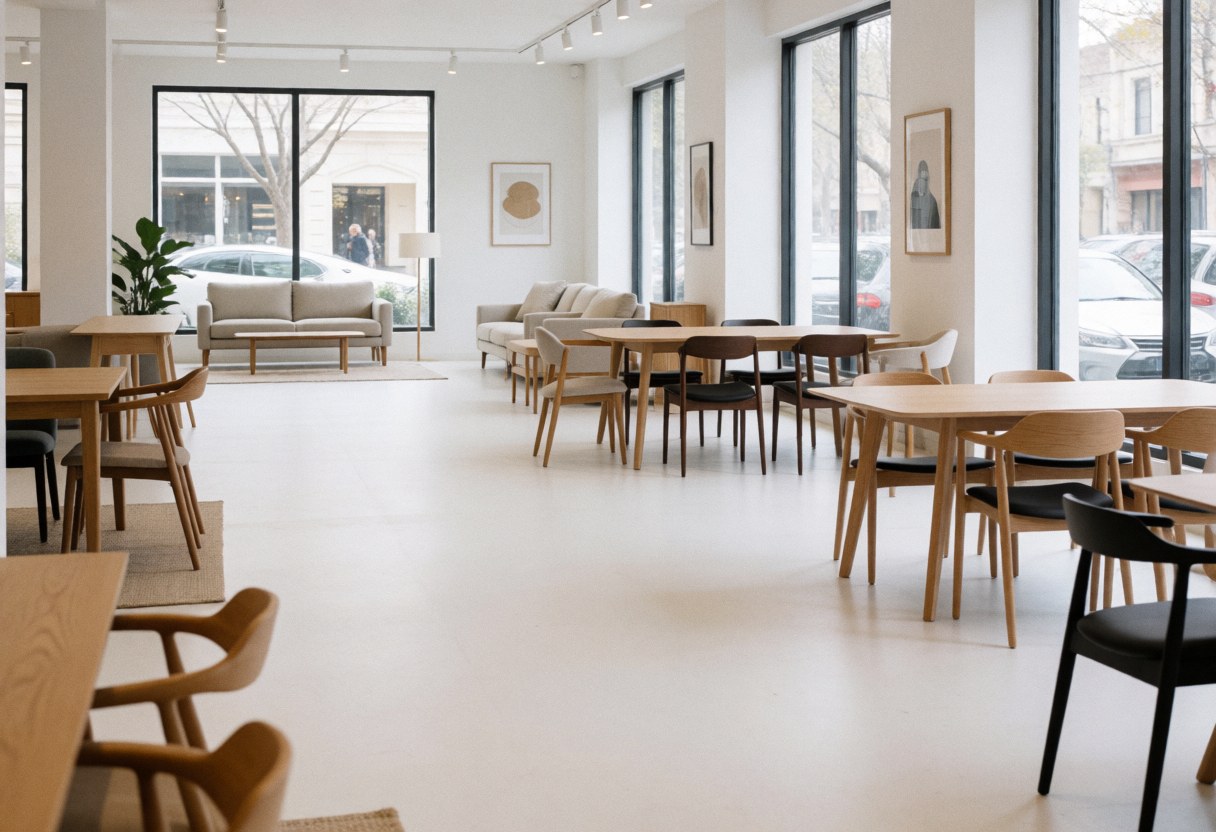Intérieur d'un salon contemporain meublé de bois clair, sol blanc lumineux et baies vitrées offrant une vue dégagée.
