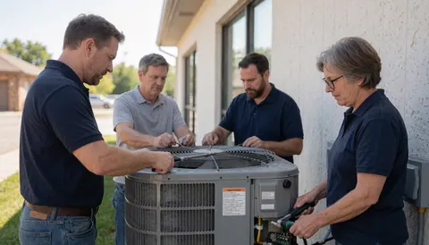 Quatre techniciens effectuent des travaux sur une unité de climatisation extérieure fixée au mur d'un immeuble commercial en plein jour.