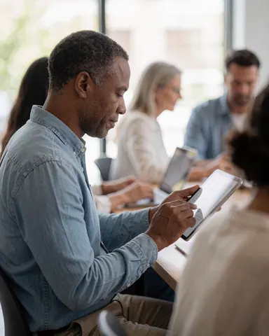 Un homme en tenue décontractée utilise une tablette dans un bureau partagé avec lumière naturelle et mobilier en bois clair.