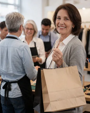Une cliente heureuse tient un sac de courses dans une boutique de mode tandis que les vendeurs l'accompagnent en arrière-plan.