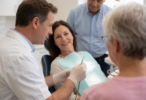 Un dentiste professionnel en gants explique un soin dentaire à un patient assis dans le fauteuil sous éclairage chirurgical, tandis qu'un autre patient attend.