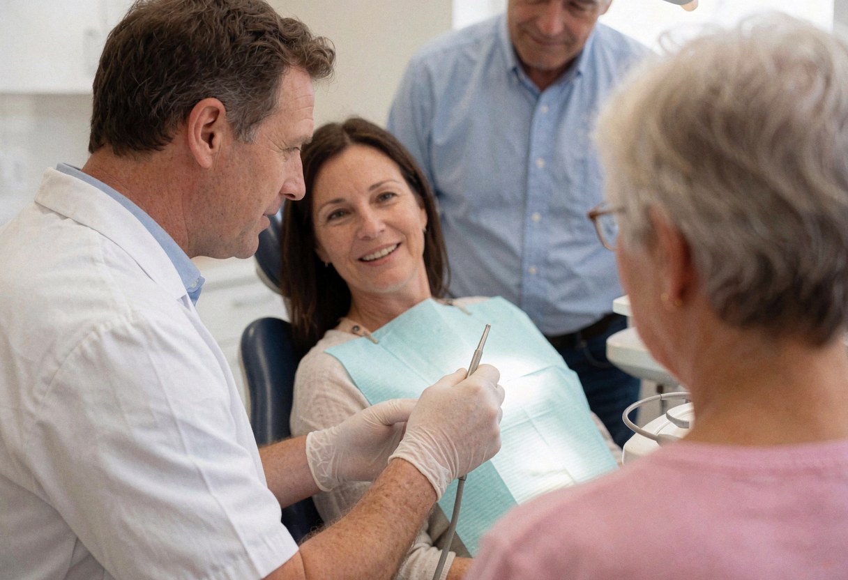 Un dentiste professionnel en gants explique un soin dentaire à un patient assis dans le fauteuil sous éclairage chirurgical, tandis qu'un autre patient attend.