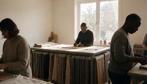 Un homme travaille sur un tissu dans un atelier de tapissier avec des échantillons suspendus, une lumière naturelle par la fenêtre et des murs blancs.